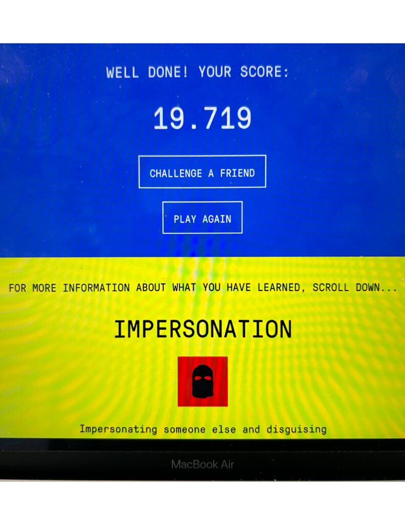 This picture is of a laptop screen showing the end result of an online computer game. The final score was 19,719 and there is also a glimpse of some of the digital badges earned while completing the stages of the game.